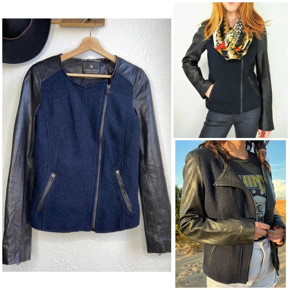 Scotch & Soda Black Navy Leather Wool Moto Jacket Size 1